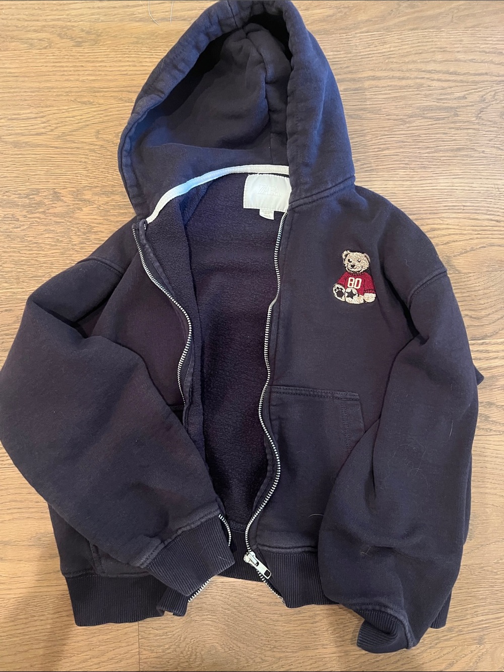 Zara Navy Kids Zip Hoodie with Teddy Patch